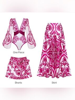 Pink Printed One-Piece Swim with Matching Skirt & Shorts